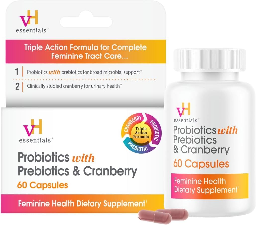 vH Essentials Probiotics for Women with Prebiotics, Cranberry & Vitamin C - 60 Capsules (30 Day Supply) - Vaginal Probiotics Support Gut Balance, Vaginal Health & Urinary Tract Health for Women